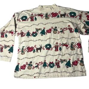 Holiday Time Vintage Christmas Sweatshirt Cream All Over‎ Print Mock Neck Large